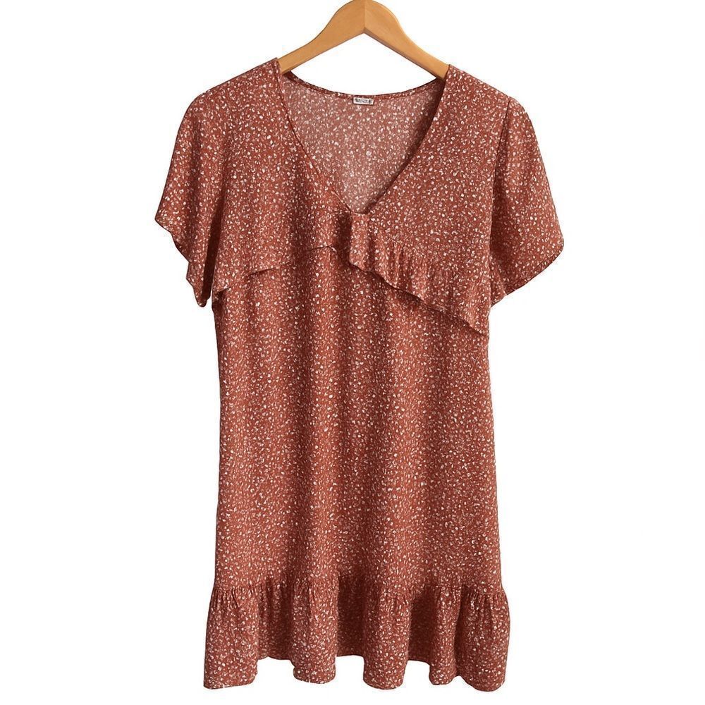 Rust Red Printed Ruffle Mini Dress - Size M